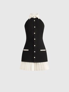 Manière De Voir Black Dress with White Collar and Pleated Hem